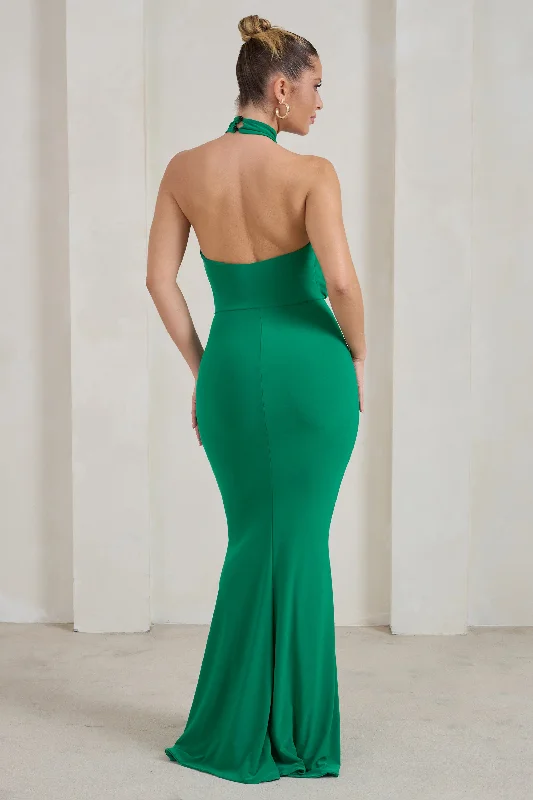 Forever Dreaming | Green Halterneck Ruched Split Maxi Dress