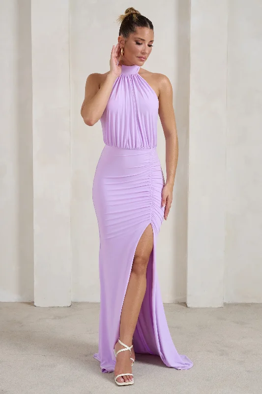 Forever Dreaming | Lilac Backless Halterneck Ruched Split Maxi Dress