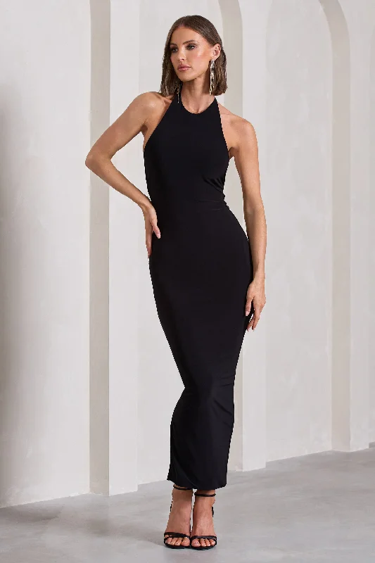 Kirsten | Black Sleeveless Halter-Neck Open-Back Maxi Dress