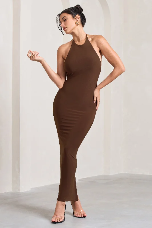 Kirsten | Chocolate Sleeveless Halter-Neck Open-Back Knot Maxi Dress