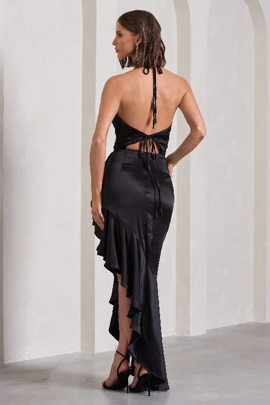 Lady Rosselini | Black Strappy Asymmetric Ruffled Maxi Dress