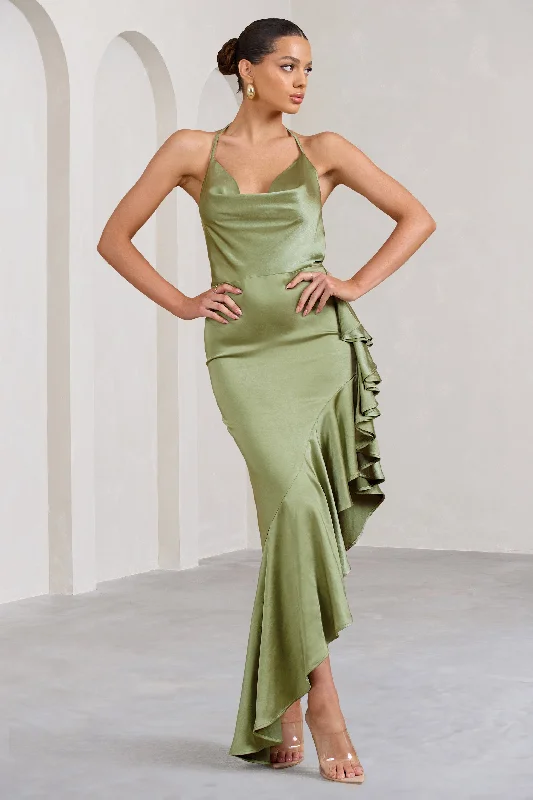 Lady Rosselini | Olive Strappy Asymmetric Ruffled Maxi Dress