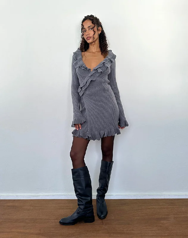 Marianna Long Sleeve Knitted Mini Dress in Dark Grey