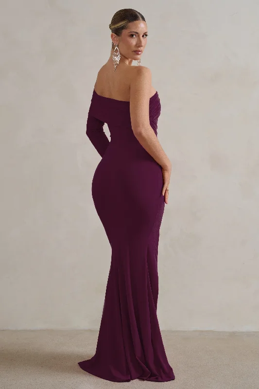 Meghan | Plum Bardot Neck Thigh Split Fishtail Maxi Dress