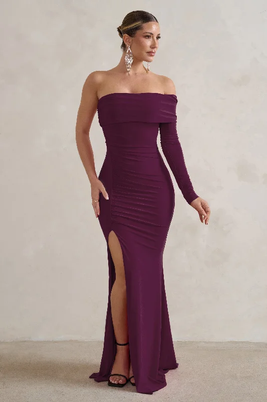 Meghan | Plum Bardot Neck Thigh Split Fishtail Maxi Dress