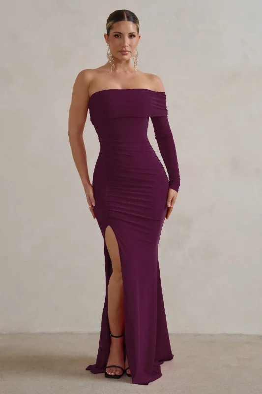 Meghan | Plum Bardot Neck Thigh Split Fishtail Maxi Dress