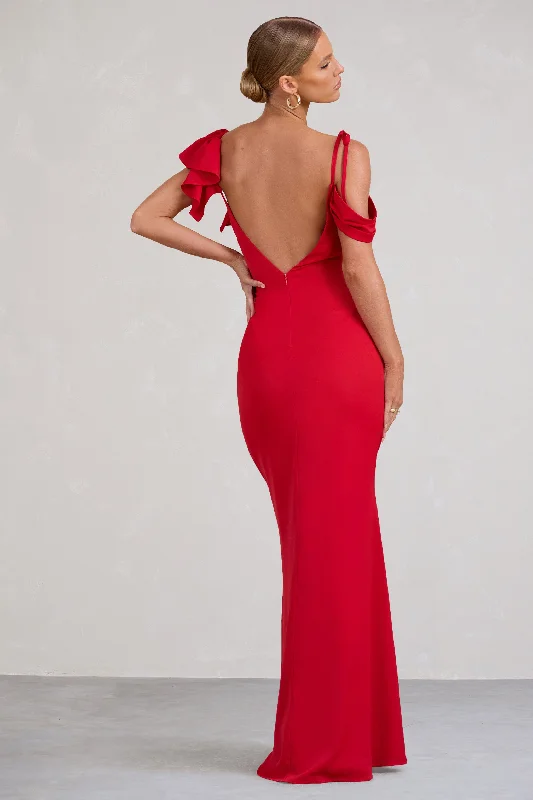 Merlot | Red Asymmetric Draped Split Maxi Dress