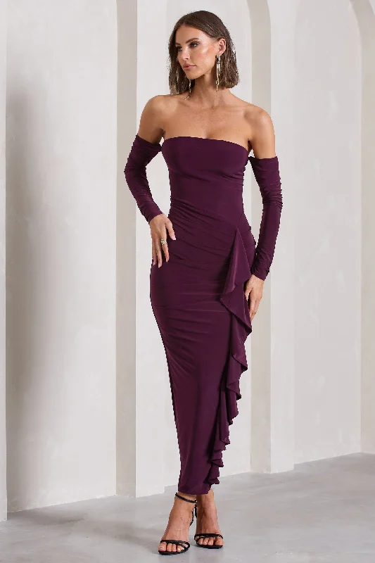 Montana | Plum Bardot Ruffle Maxi Dress