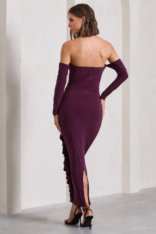 Montana | Plum Bardot Ruffle Maxi Dress