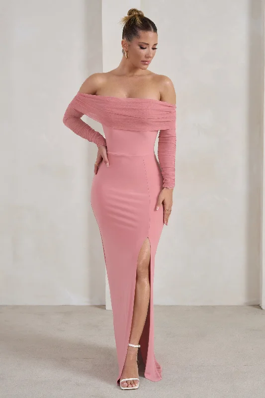 On Your Mind | Powder Pink Mesh Long Sleeve Maxi Dress