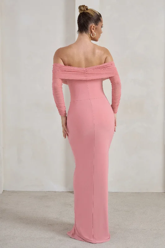 On Your Mind | Powder Pink Mesh Long Sleeve Maxi Dress