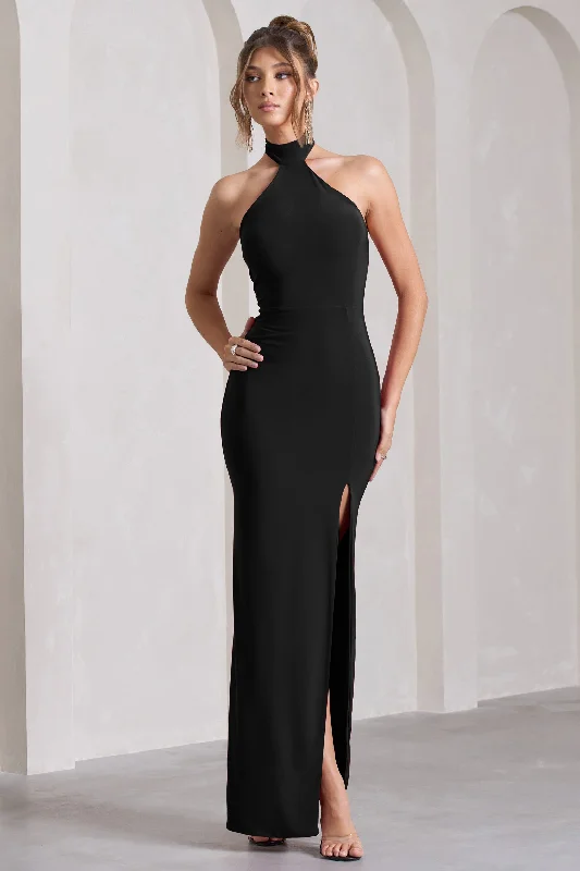 Pamela | Black Halter-Neck Sleeveless Split Maxi Dress