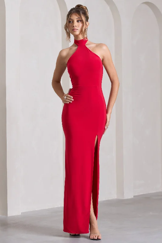 Pamela | Red Halter-Neck Sleeveless Split Maxi Dress