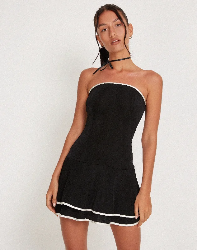 Samira Bandeau Mini Dress in Black with Ivory Binding