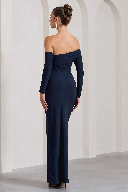 Stand Out | Navy Bardot Ruched Maxi With Sleeves And Side Split