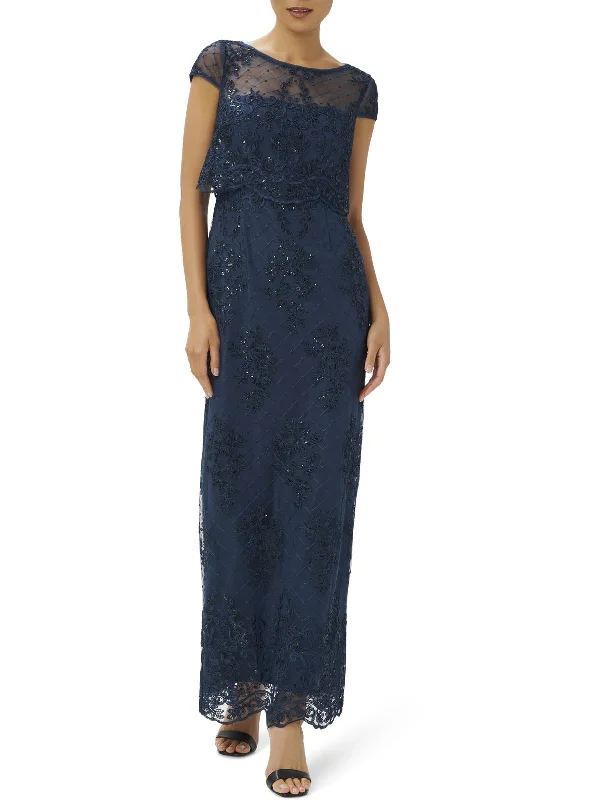 Womens Embroidered Tea-Length Evening Dress