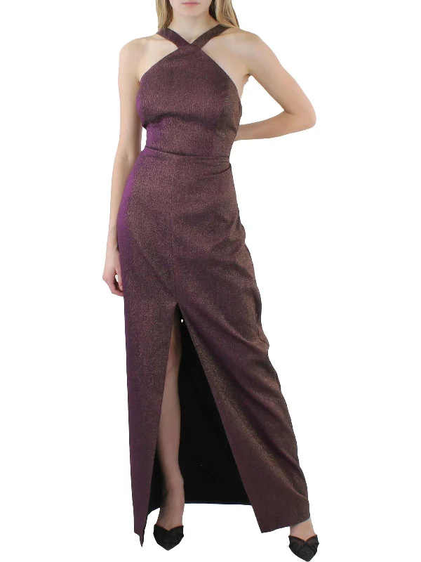 Womens Metallic Halter Evening Dress