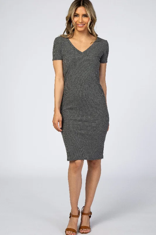 Charcoal Grey Ribbed Dress