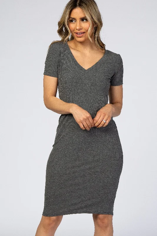 Charcoal Grey Ribbed Dress