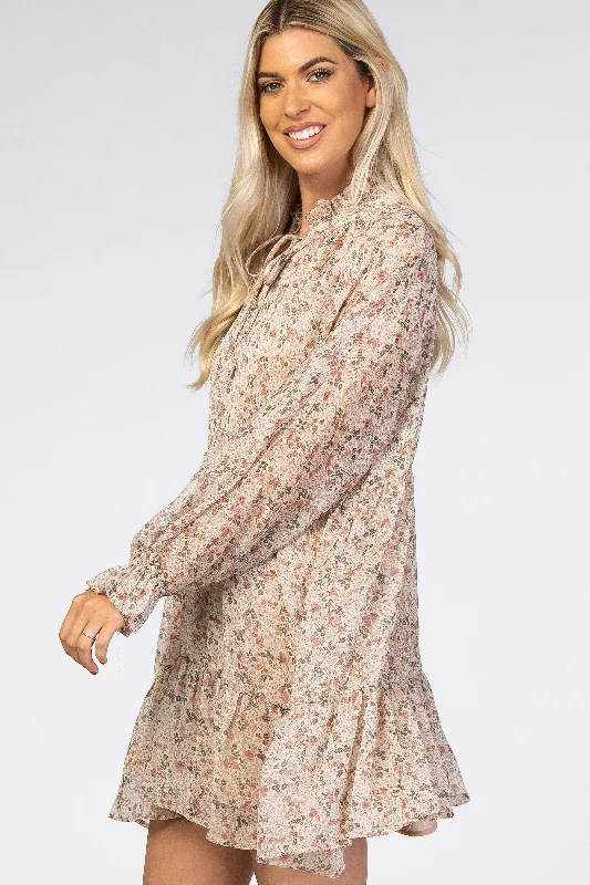 Cream Floral Chiffon Ruffle Hem Dress