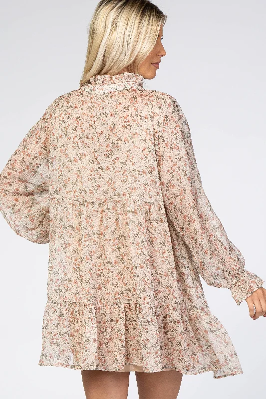 Cream Floral Chiffon Ruffle Hem Dress