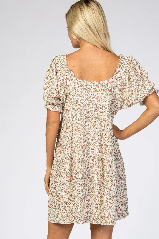 Cream Floral Lace Trim Square Neck Dress