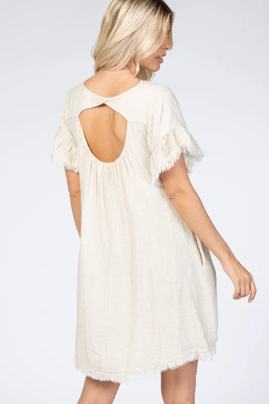 Cream Frayed Trim Back Keyhole Linen Dress