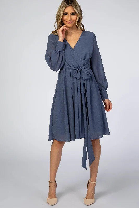 Dusty Blue Chiffon Wrap Dress