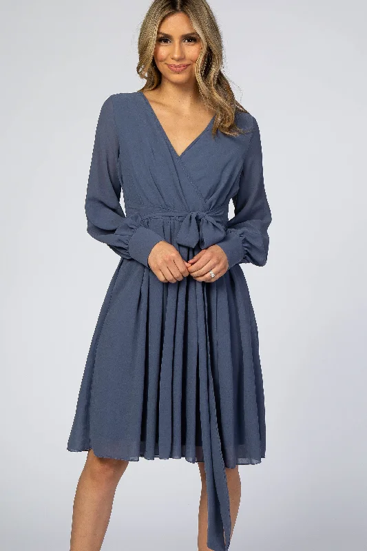 Dusty Blue Chiffon Wrap Dress