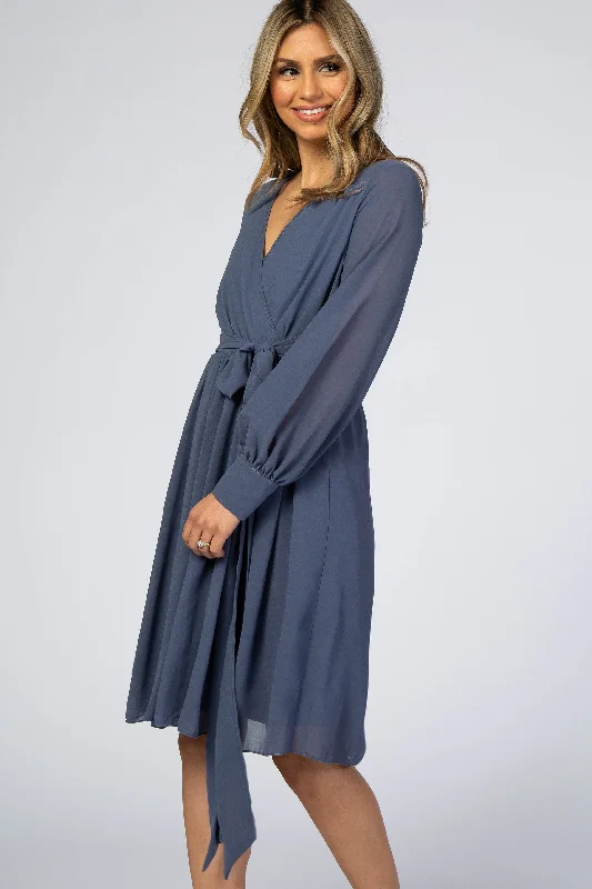 Dusty Blue Chiffon Wrap Dress