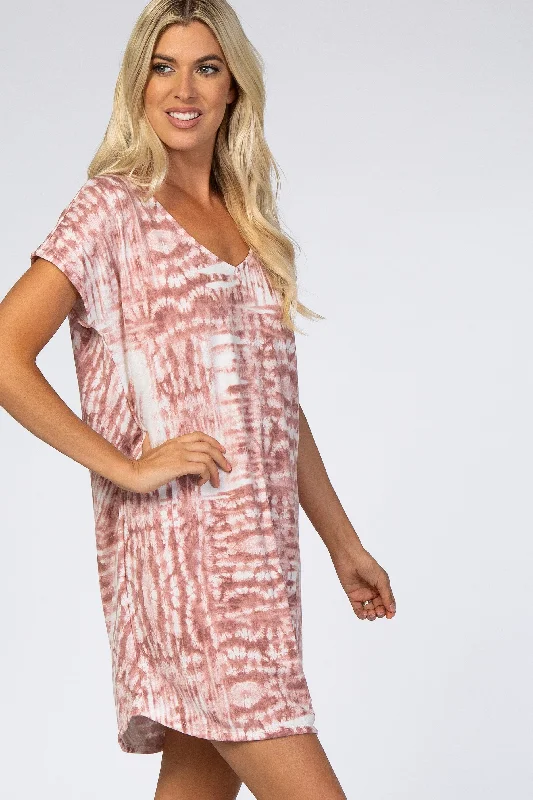 Mauve Tie Dye V-Neck Round Hem Dress