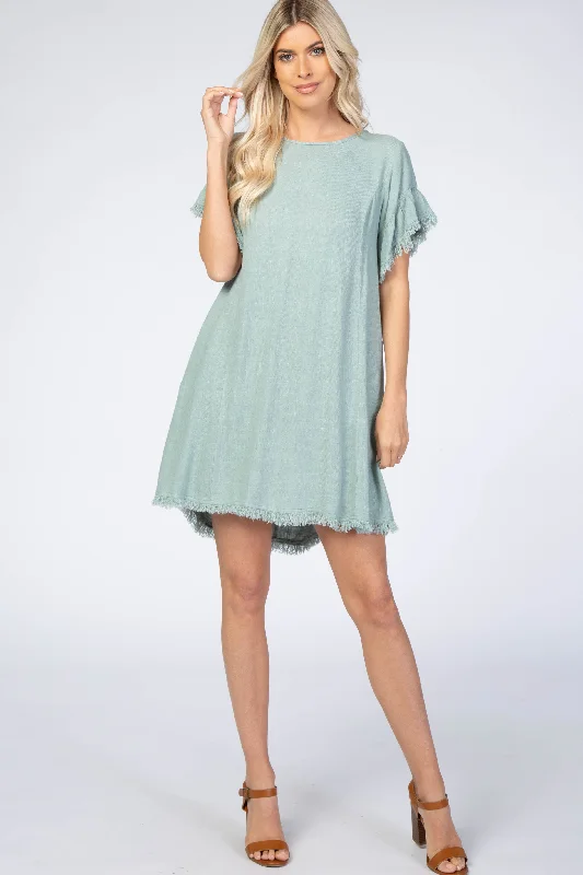 Mint Green Frayed Trim Back Keyhole Linen Dress