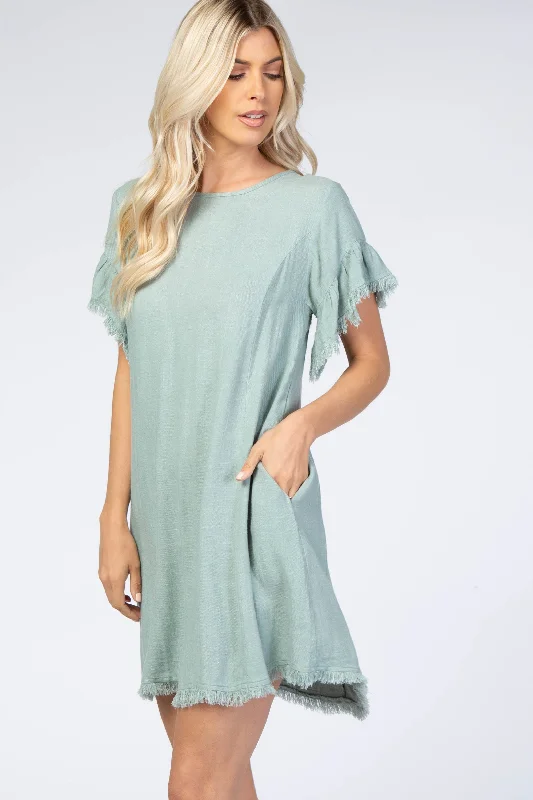 Mint Green Frayed Trim Back Keyhole Linen Dress