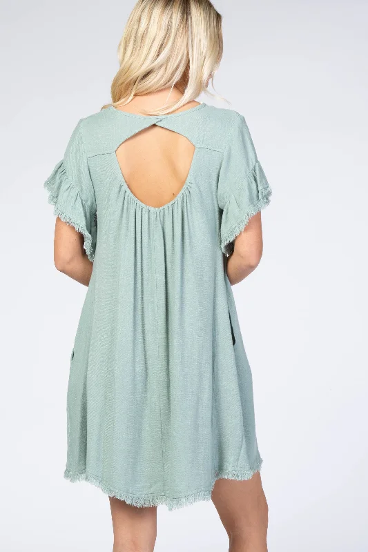 Mint Green Frayed Trim Back Keyhole Linen Dress