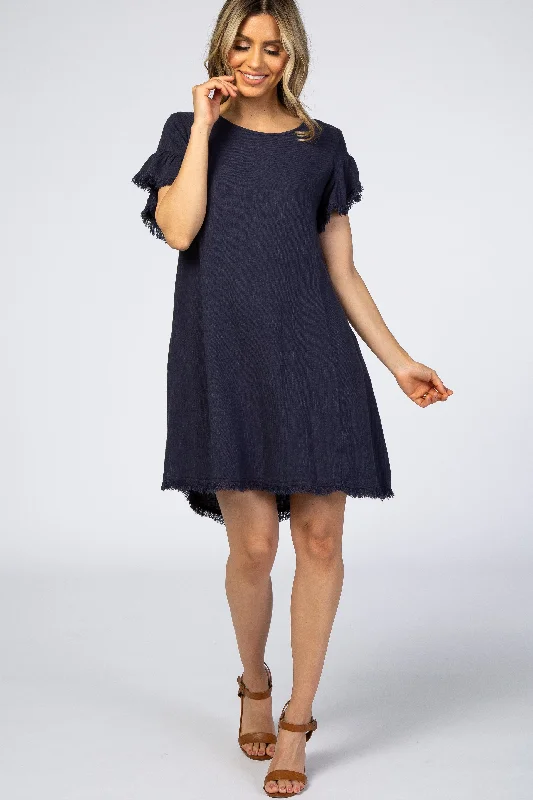 Navy Frayed Trim Back Keyhole Linen Dress