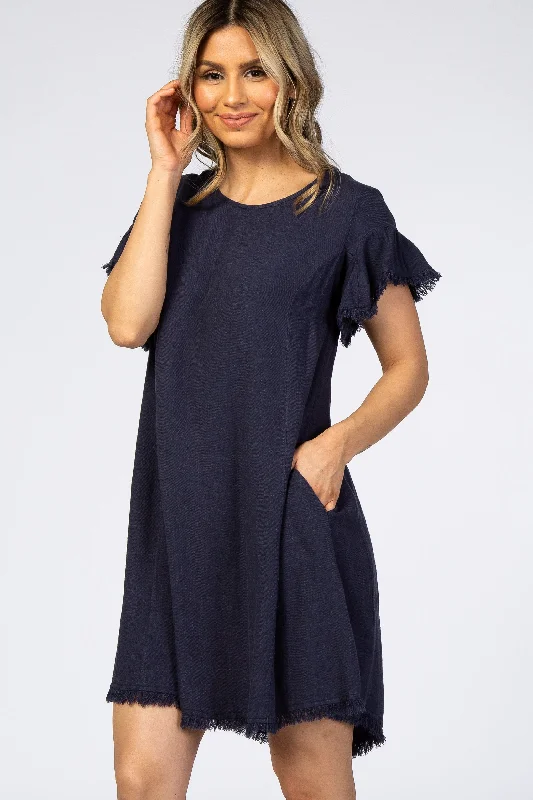 Navy Frayed Trim Back Keyhole Linen Dress