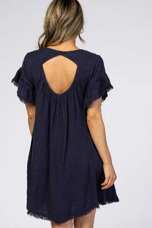 Navy Frayed Trim Back Keyhole Linen Dress