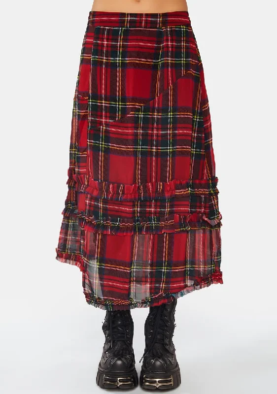 Red Plaid Chiffon Midi Skirt