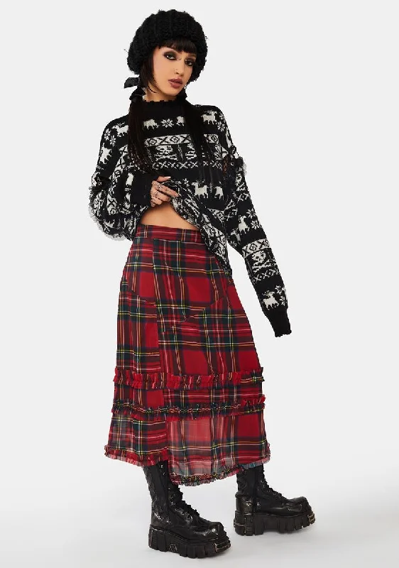 Red Plaid Chiffon Midi Skirt