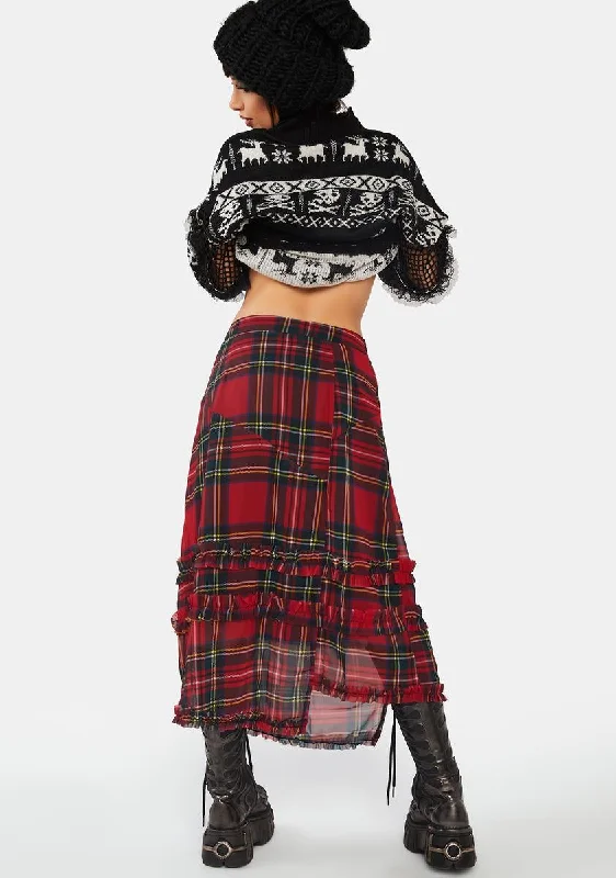 Red Plaid Chiffon Midi Skirt