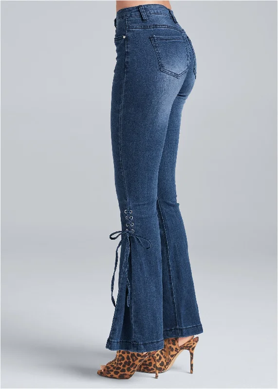 Lace-up flare jeans - Dark Wash