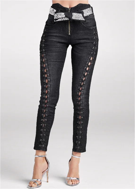 Lace up tie belt skinny jeans - Black Denim