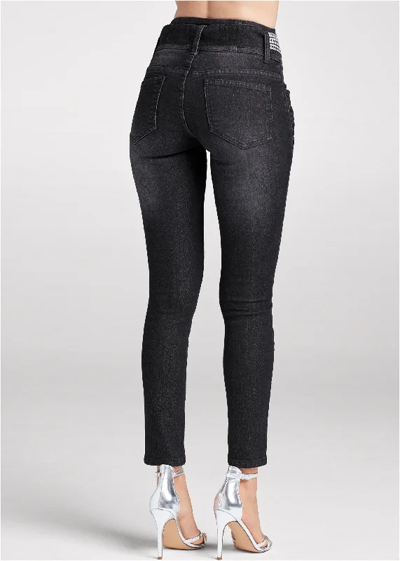 Lace up tie belt skinny jeans - Black Denim