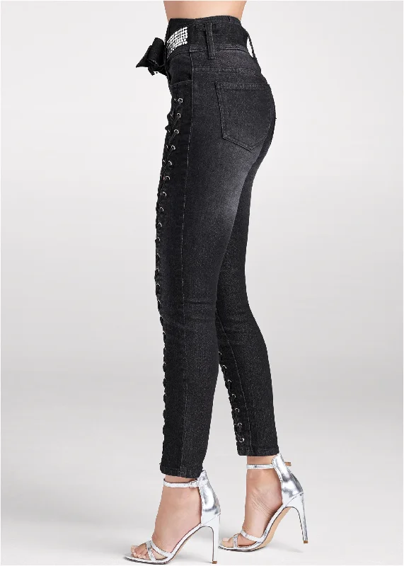 Lace up tie belt skinny jeans - Black Denim