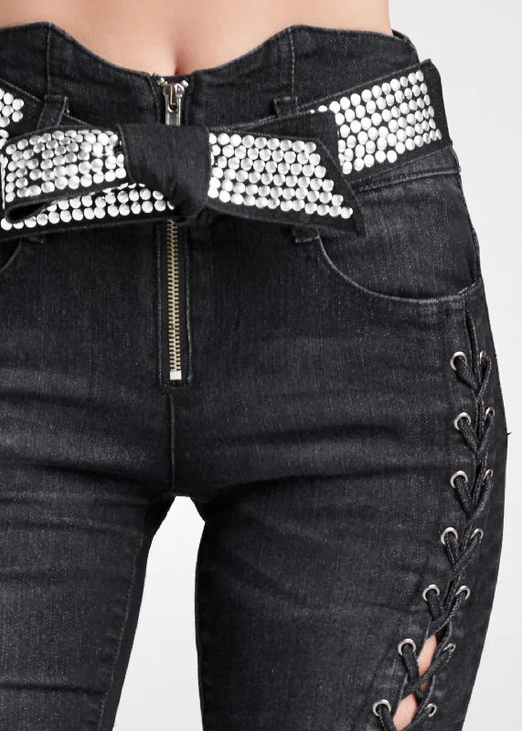 Lace up tie belt skinny jeans - Black Denim