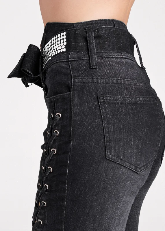 Lace up tie belt skinny jeans - Black Denim