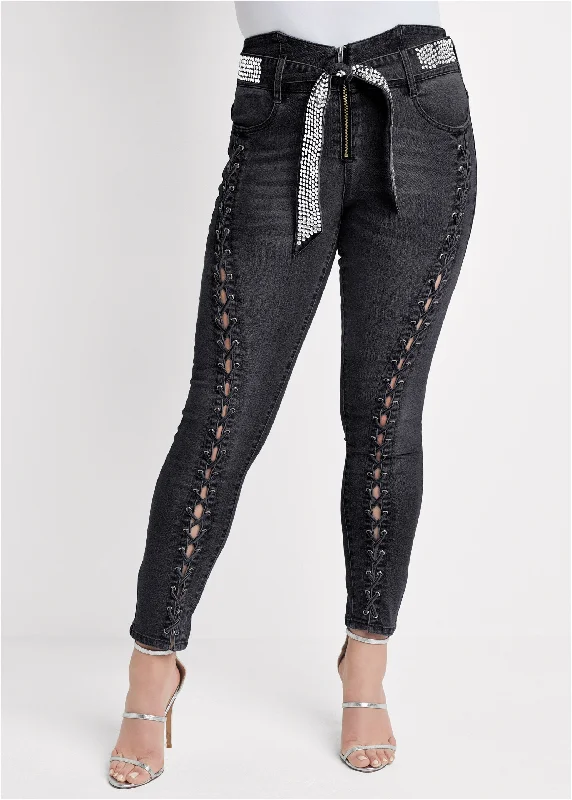 Lace up tie belt skinny jeans - Black Denim