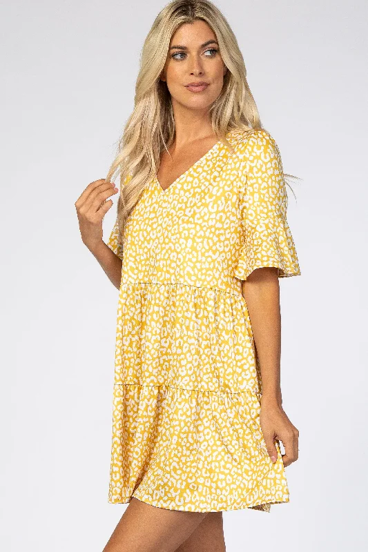 Yellow Animal Print Ruffle Sleeve Dress