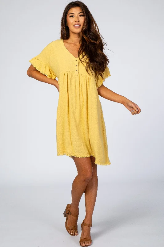 Yellow Linen Fringe Trim Babydoll Dress