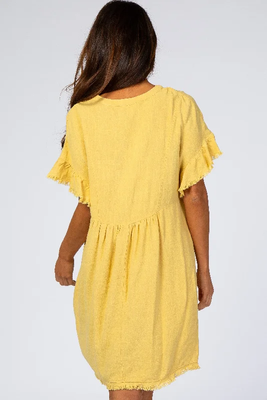 Yellow Linen Fringe Trim Babydoll Dress